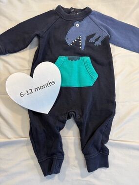 GAP Blue One Piece Romper with Ribbed Cuffs and dinosaur design